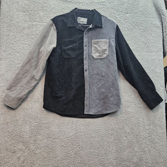 Brooklyn Cloth Colorblock Corduroy Button-Up Shirt Long Sleeve Black Grey Size L - Picture 1 of 6